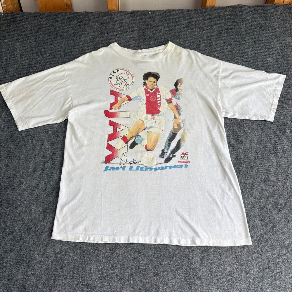 Vintage 90s Ajax Amsterdam Jari Litmanen T-Shirt Fox Tees XL White Soccer